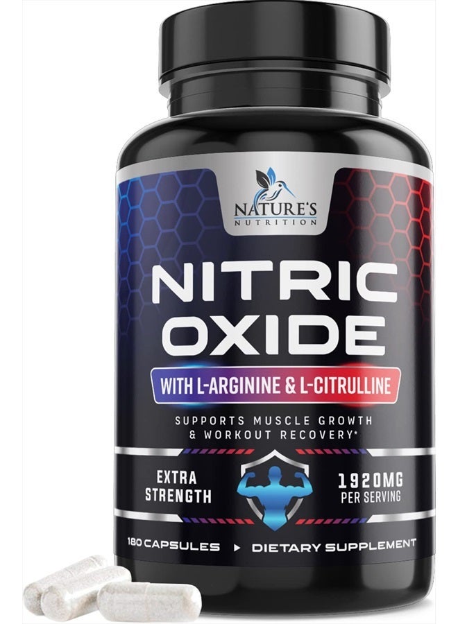 Nature's Nutrition مكمل أكسيد النيتريك الإضافي بقوة 3X من إل أرجينين - مالات السيترولين، AAKG، بيتا ألانين - معزز أكسيد النيتريك الممتاز لدعم العضلات من أجل القوة والطاقة - 180 كبسولة من أكسيد النيتريك  - Image 1