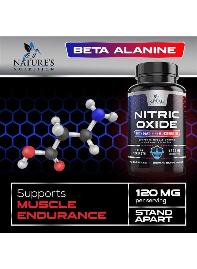 Nature's Nutrition مكمل أكسيد النيتريك الإضافي بقوة 3X من إل أرجينين - مالات السيترولين، AAKG، بيتا ألانين - معزز أكسيد النيتريك الممتاز لدعم العضلات من أجل القوة والطاقة - 180 كبسولة من أكسيد النيتريك  - Image 5