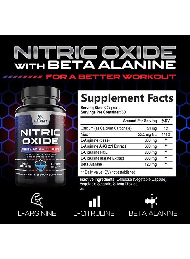 Nature's Nutrition مكمل أكسيد النيتريك الإضافي بقوة 3X من إل أرجينين - مالات السيترولين، AAKG، بيتا ألانين - معزز أكسيد النيتريك الممتاز لدعم العضلات من أجل القوة والطاقة - 180 كبسولة من أكسيد النيتريك  - Image 2
