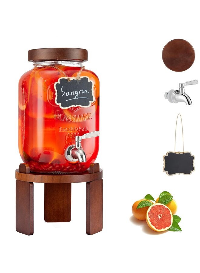 موزع مشروبات زجاجي مع حامل خشبي، موزع مشروبات سعة 4 لتر للثلاجة مع صنبور مانع للتسرب من الفولاذ المقاوم للصدأ وغطاء خشبي، موزع مشروبات لحفلات الحليب - Image 1
