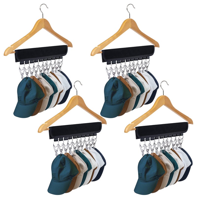 Binboov Hat Organizer Holder for Hanger  Room Closet 4Pack Hat Storage Clips for Hang Baseball Hats Rack Ball Caps Winter Beanie  Accessories Fits All Hangers 4PC Black