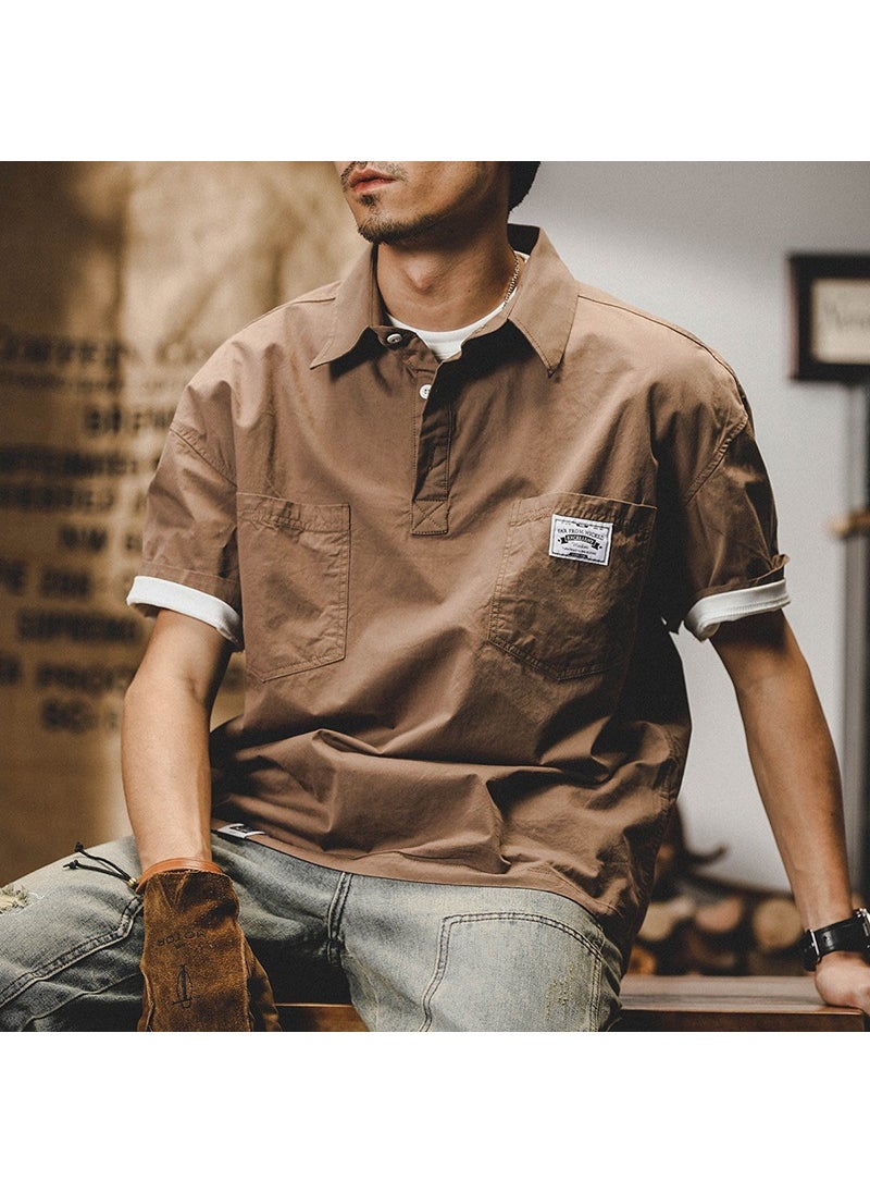Generic - Loose American Style Mens T-Shirt Short Sleeve POLO Shirt Summer Trendy Brand Casual Shirt Collar Half Sleeve Top for Men 552 apricot - Image 1