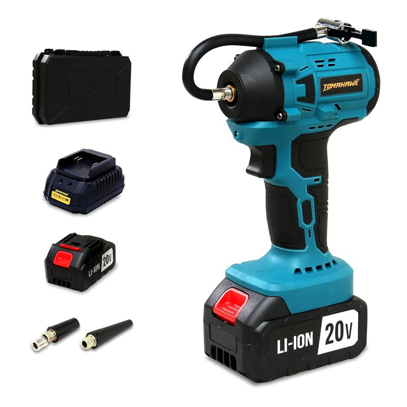 Tomahawk مضخة هواء لاسلكية للإطارات بضغط 150 PSI، مصباح LED، إيقاف تلقائي، بطارية 20V 3.0Ah، ورؤوس متعددة – مضخة هواء محمولة للسيارات والدراجات والاستخدام الخارجي - Image 1