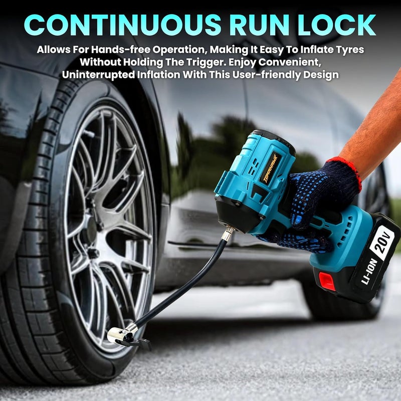 Tomahawk مضخة هواء لاسلكية للإطارات بضغط 150 PSI، مصباح LED، إيقاف تلقائي، بطارية 20V 3.0Ah، ورؤوس متعددة – مضخة هواء محمولة للسيارات والدراجات والاستخدام الخارجي - Image 2
