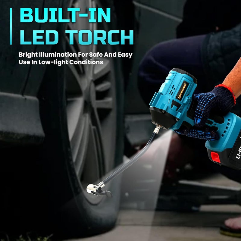Tomahawk مضخة هواء لاسلكية للإطارات بضغط 150 PSI، مصباح LED، إيقاف تلقائي، بطارية 20V 3.0Ah، ورؤوس متعددة – مضخة هواء محمولة للسيارات والدراجات والاستخدام الخارجي - Image 3