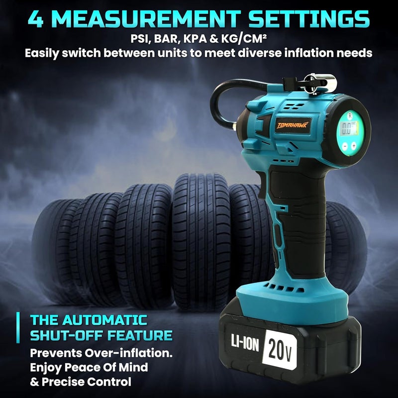Tomahawk مضخة هواء لاسلكية للإطارات بضغط 150 PSI، مصباح LED، إيقاف تلقائي، بطارية 20V 3.0Ah، ورؤوس متعددة – مضخة هواء محمولة للسيارات والدراجات والاستخدام الخارجي - Image 4