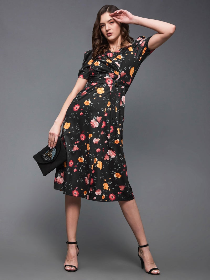 Miss Chase Women's Multicolored-Base-Black V-Neck Pleated Puff Sleeve Floral Wrap Midi Polyester Dress (MCAW21D14-84-171-02, Multicolored-Base-Black, XS) - Image 3