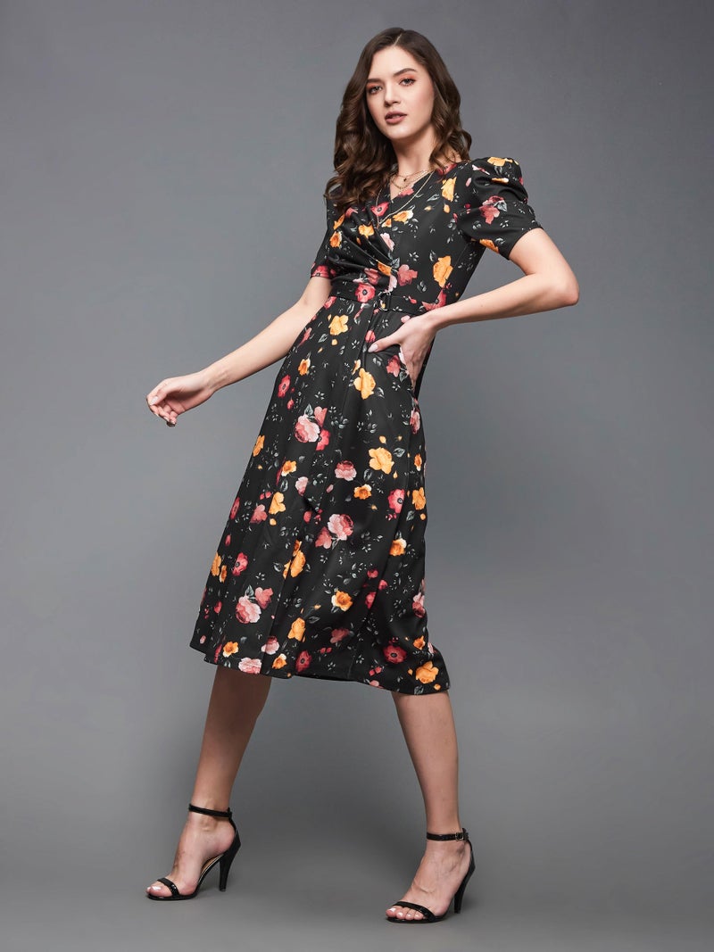 Miss Chase Women's Multicolored-Base-Black V-Neck Pleated Puff Sleeve Floral Wrap Midi Polyester Dress (MCAW21D14-84-171-02, Multicolored-Base-Black, XS) - Image 4