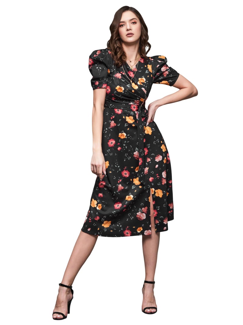 Miss Chase Women's Multicolored-Base-Black V-Neck Pleated Puff Sleeve Floral Wrap Midi Polyester Dress (MCAW21D14-84-171-02, Multicolored-Base-Black, XS) - Image 1