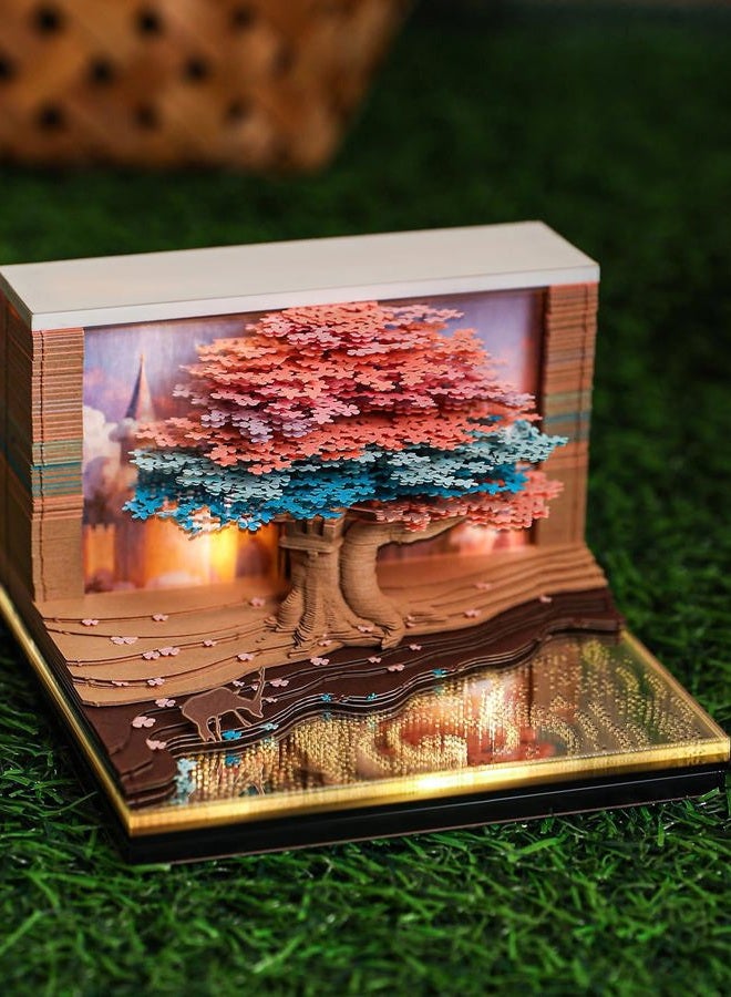 HIOUME تقويم 3D الإبداعي لقطعة الزمن 2026 زينة تقويم أسبوعي مكتبي مع ضوء LED وحافظة أكريليك، ملاحظات غير لاصقة من الورق، فن نحت الورق هدية عيد الميلاد (منزل الشجرة) - Image 3