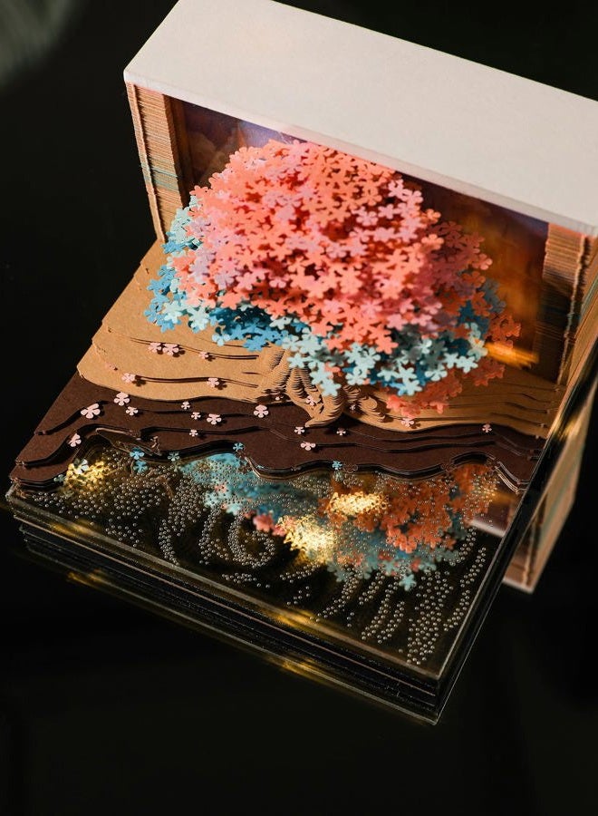 HIOUME تقويم 3D الإبداعي لقطعة الزمن 2026 زينة تقويم أسبوعي مكتبي مع ضوء LED وحافظة أكريليك، ملاحظات غير لاصقة من الورق، فن نحت الورق هدية عيد الميلاد (منزل الشجرة) - Image 4