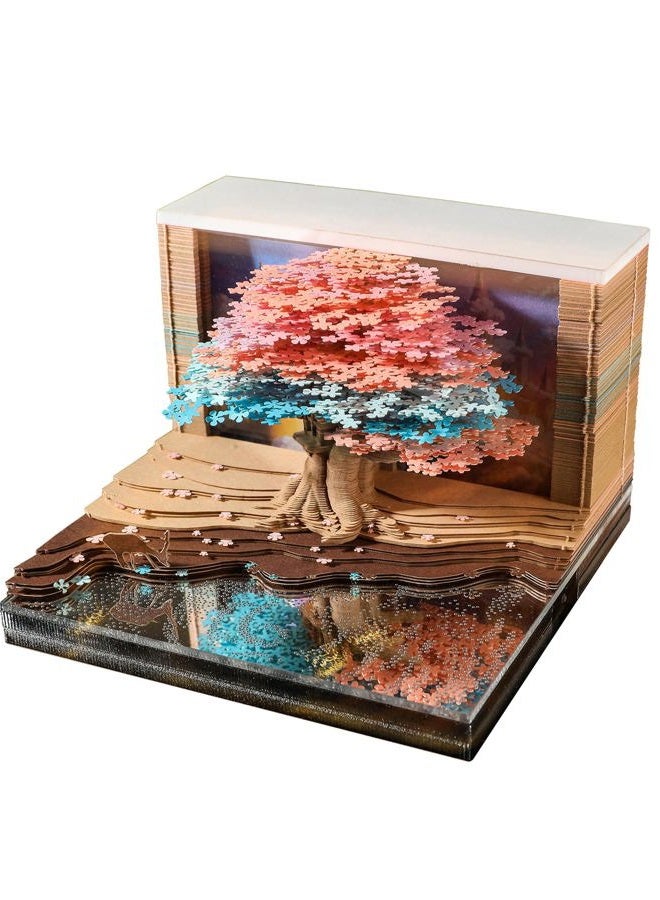 HIOUME تقويم 3D الإبداعي لقطعة الزمن 2026 زينة تقويم أسبوعي مكتبي مع ضوء LED وحافظة أكريليك، ملاحظات غير لاصقة من الورق، فن نحت الورق هدية عيد الميلاد (منزل الشجرة) - Image 1