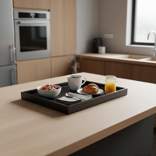 QAVOL 25 x 15 inches High-End Light Luxury Leather Rectangle Oversized Service Tray for Ottoman Tray, Coffee, Food, Family Dinner, Picnic, Party Essentials (Black, 25 x 15 inch) - Image 1
