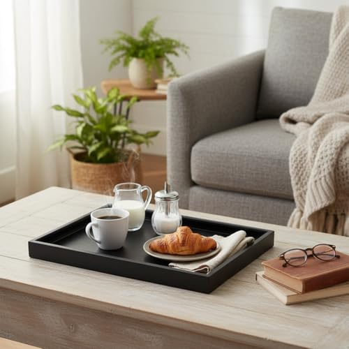 QAVOL 25 x 15 inches High-End Light Luxury Leather Rectangle Oversized Service Tray for Ottoman Tray, Coffee, Food, Family Dinner, Picnic, Party Essentials (Black, 25 x 15 inch) - Image 3