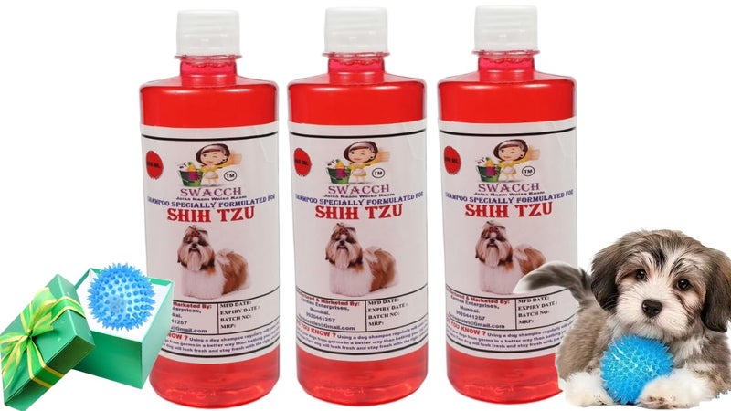 swacch Shampoo | Puppy Safe Shampoo | PH Balanced | Ditch to Itch for Shih Tzu Dog Shampoo 500ml Pack of 3 (Jasmine) + Spike Ball Chew Toy Combo Pack - Image 1