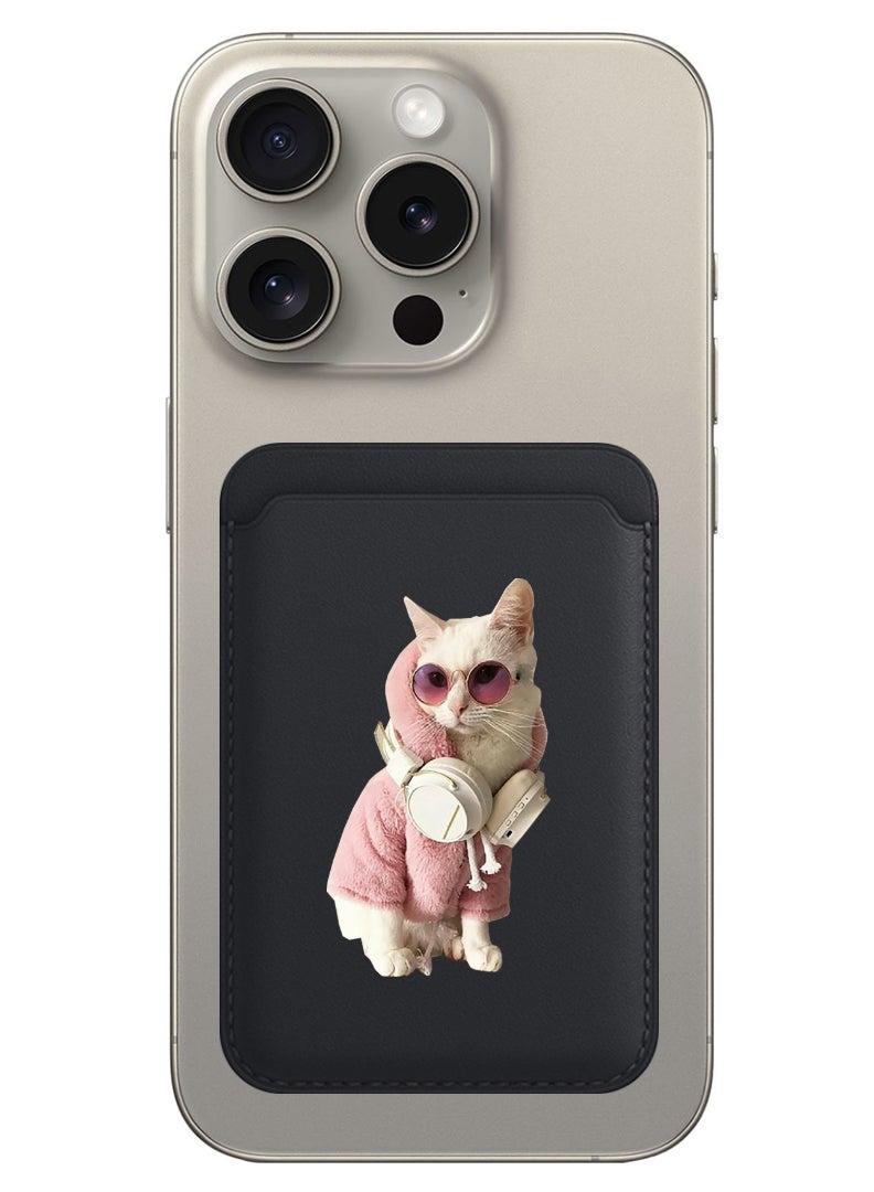 Theodor محفظة مغناطيسية، متوافقة مع محفظة MagSafe، لمحفظة آيفون، لسلسلة آيفون 16/15/14/13/12، غير متوافقة مع آيفون 13/12 ميني، حاملة 3 بطاقات، جلد نباتي، أسود - قطة بيضاء - Image 1