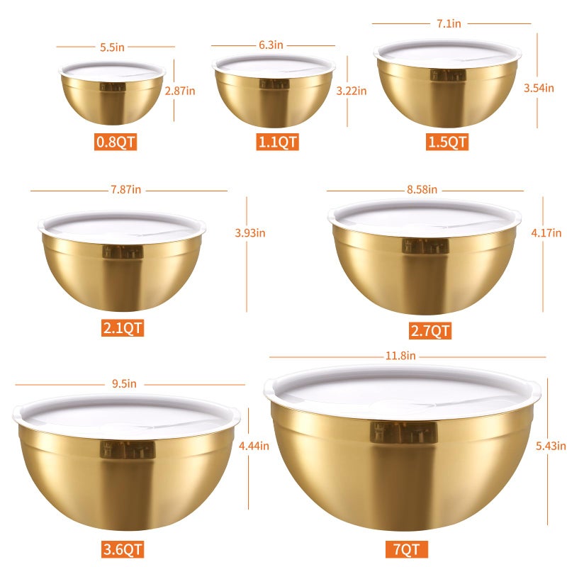 Moxinox Gold Mixing Bowls with Airtight Lids, Stainless Steel Nesting Mixing Bowls Set of 7, Ideal for Baking, Prepping and Serving Food, Size 7, 3.6, 2.7, 2.1, 1.5, 1.1,0.8 QT, Stackable Design - Image 2