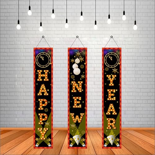Party Baazaar Happy New Year Backdrop Banner | Outdoor Yard Front Porch Hanging Sign Set | Backdrop Decoration for New Year (Pack of 3, Multi Color, Size: 5x1 Feet) - Image 1