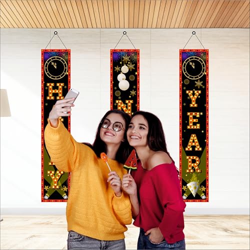 Party Baazaar Happy New Year Backdrop Banner | Outdoor Yard Front Porch Hanging Sign Set | Backdrop Decoration for New Year (Pack of 3, Multi Color, Size: 5x1 Feet) - Image 5