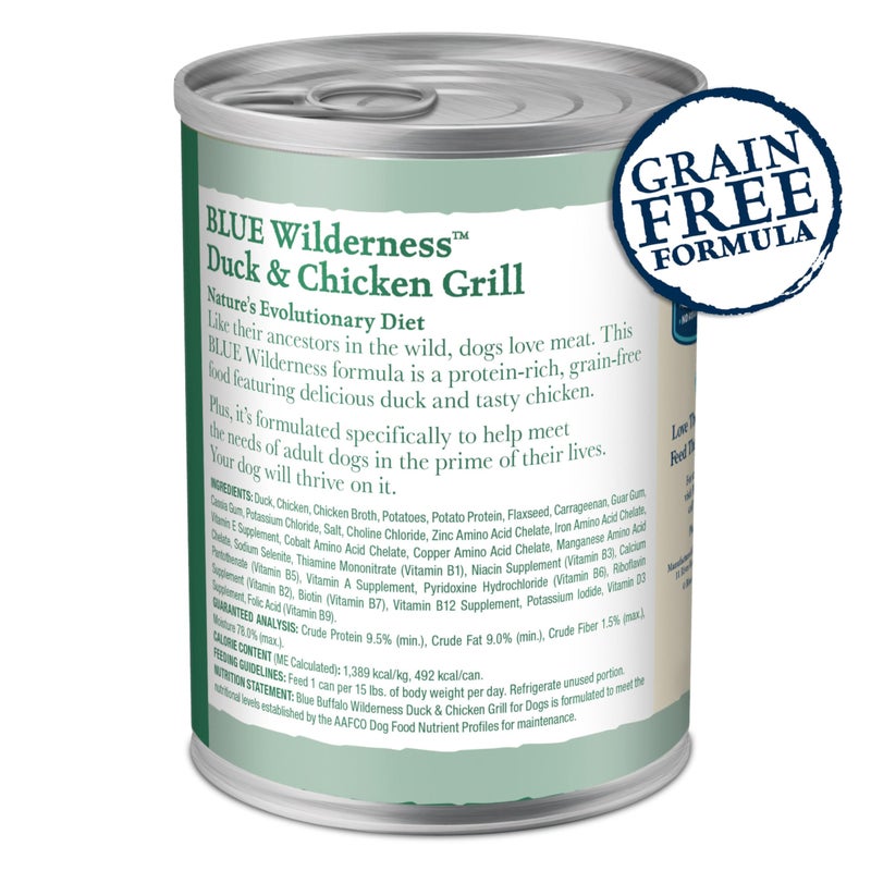 Blue Buffalo Wilderness Adult Wet Dog Food, High-Protein & Grain-Free, Made with Natural Ingredients, Duck & Chicken Grill, 12.5-oz. Cans, 12 Count - Image 2