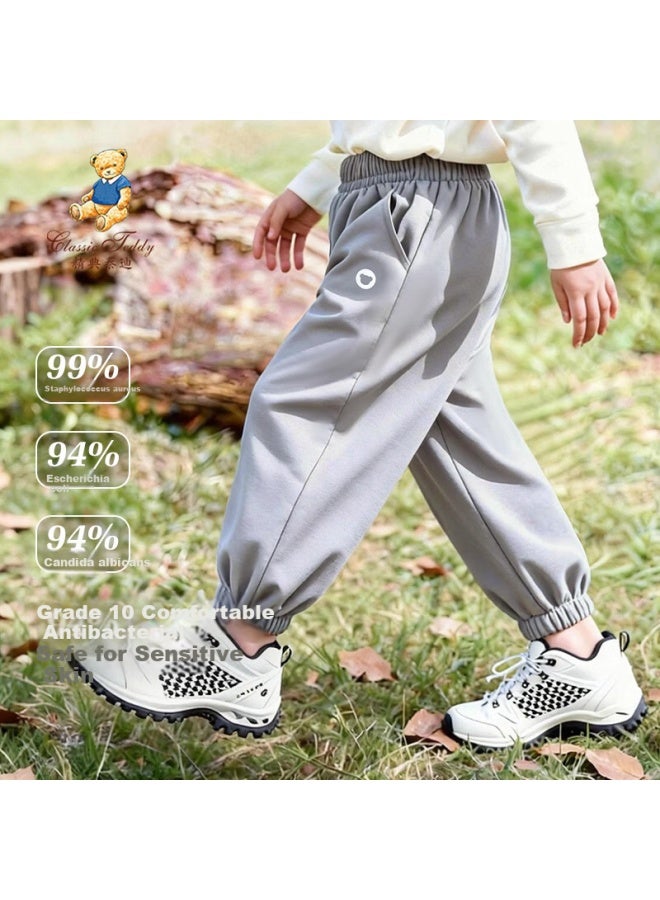 Classic Teddy Kids Pants Boys And Girls Long Pants Spring Woven Jogger Pants Light Gray 130 - Image 1