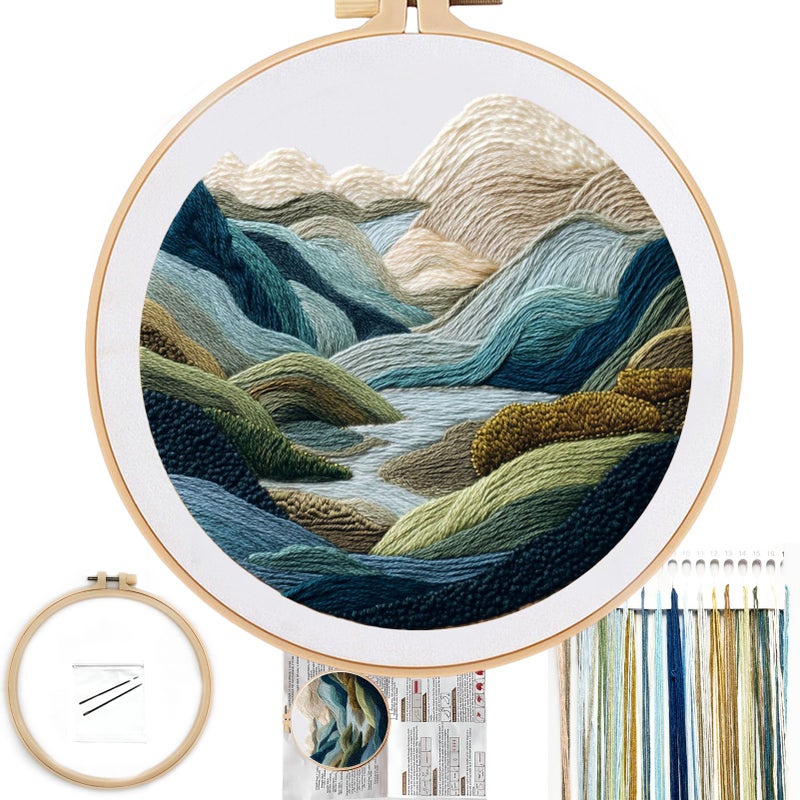 FONNUY Embroidery Kit for Beginners Nature Hills Landscape PreStamped Pattern Kits for Adults with Hoop Easy to Follow Color Thread Needlework 8 Hoop Green Hills - Image 3