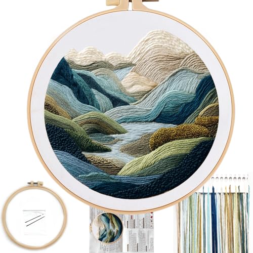 FONNUY Embroidery Kit for Beginners Nature Hills Landscape PreStamped Pattern Kits for Adults with Hoop Easy to Follow Color Thread Needlework 8 Hoop Green Hills - Image 1