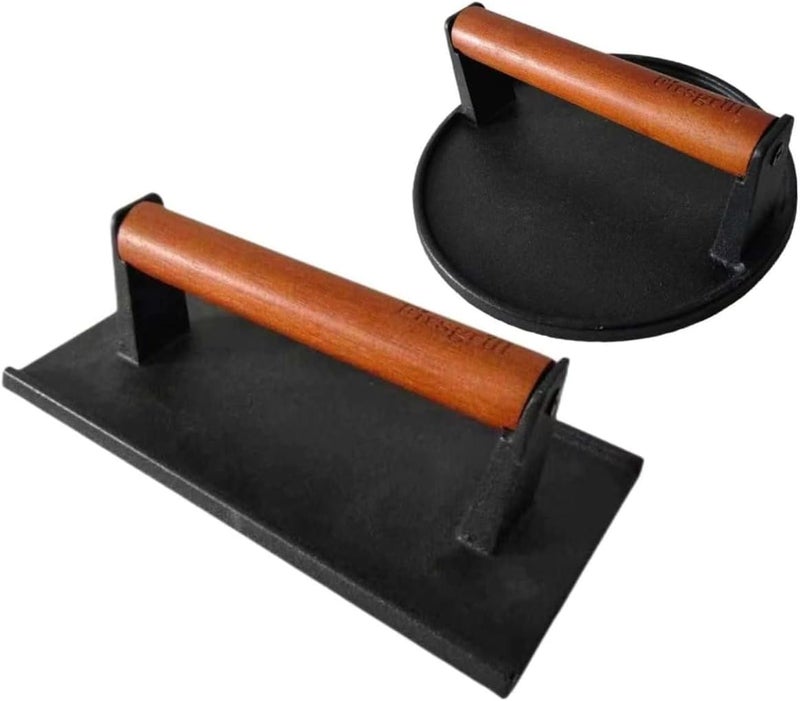 Firsgrill Burger Press 7.08" Round & 8.3”X4.3”Rectangle Heavy-Duty Cast Iron Smash Meat Steak With Wood Handle for Blackstone Camp chef Pitboss Weber Treager Griddle Grills (Round & Rectangle) - Image 1