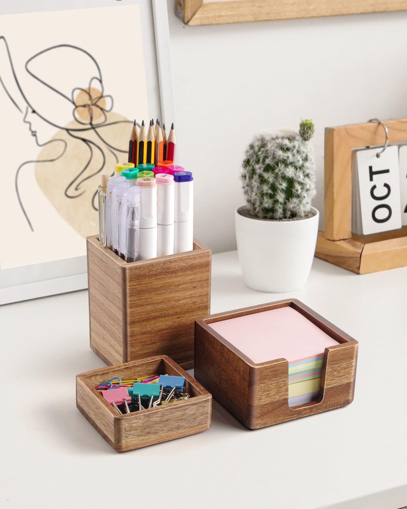 SWKHDKX Acacia Wood Desk Organizer Set with Sticky Note Holder, Pencil Pen Cup & Paper Clip Storage, Office Desk Accessories for Marker Craft (Set of 3) - Image 4