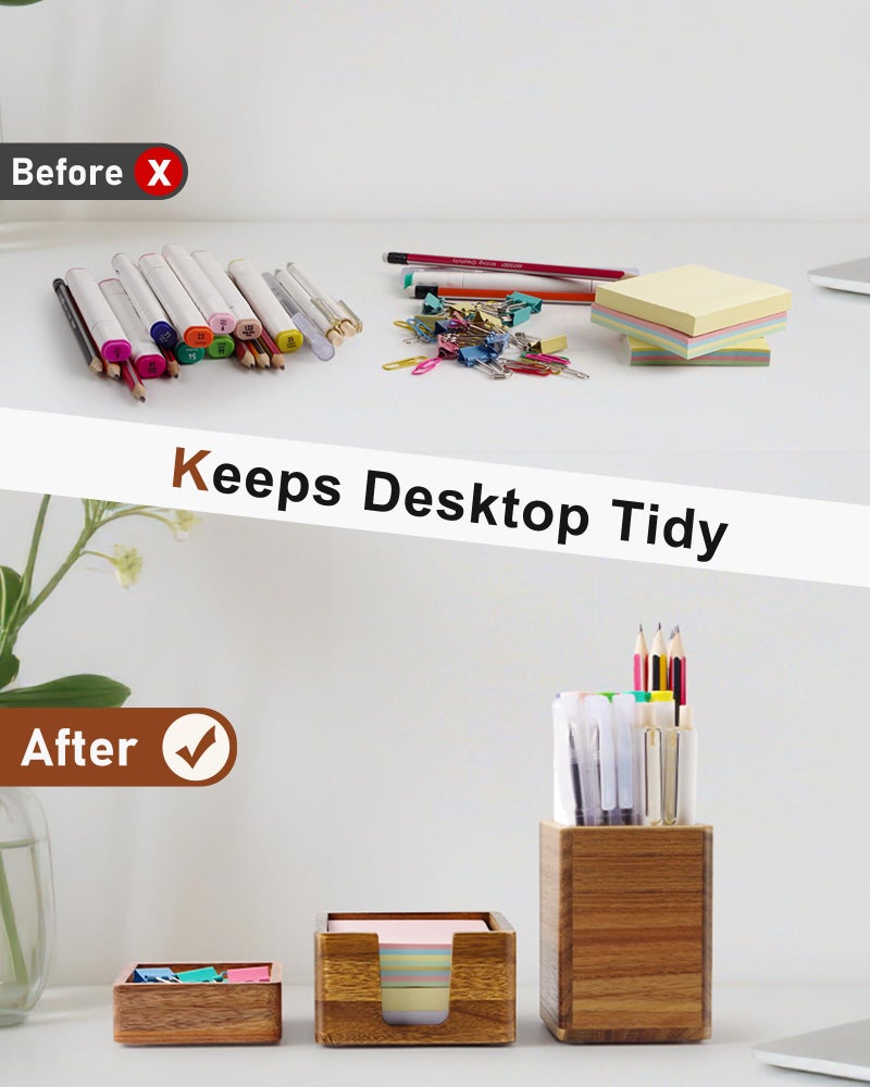 SWKHDKX Acacia Wood Desk Organizer Set with Sticky Note Holder, Pencil Pen Cup & Paper Clip Storage, Office Desk Accessories for Marker Craft (Set of 3) - Image 5