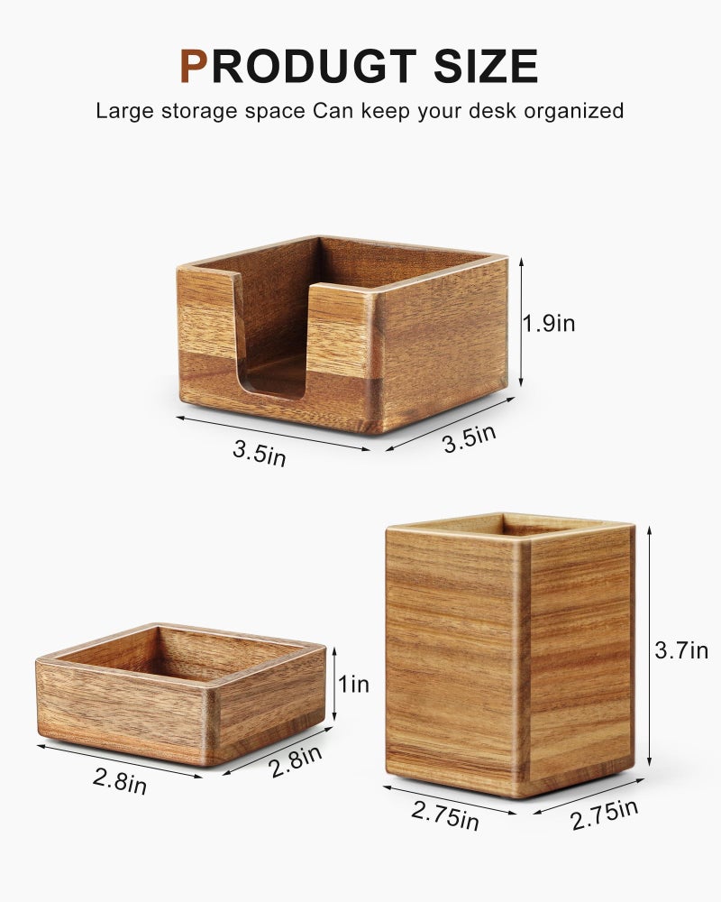 SWKHDKX Acacia Wood Desk Organizer Set with Sticky Note Holder, Pencil Pen Cup & Paper Clip Storage, Office Desk Accessories for Marker Craft (Set of 3) - Image 3