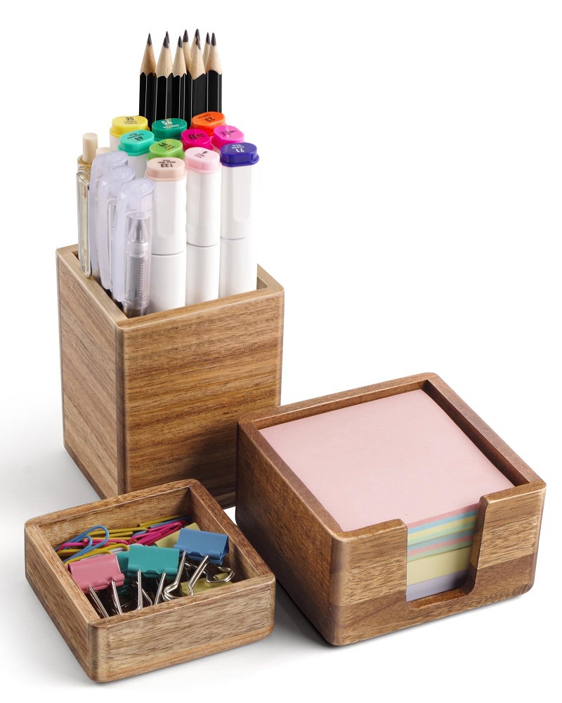 SWKHDKX Acacia Wood Desk Organizer Set with Sticky Note Holder, Pencil Pen Cup & Paper Clip Storage, Office Desk Accessories for Marker Craft (Set of 3) - Image 1