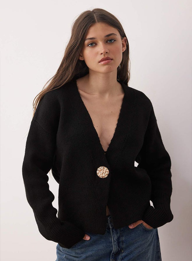 trendyol Black Soft Textured Button Detailed Knitwear Cardigan - Image 1