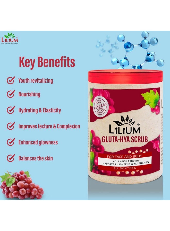 Lilium Revitalizing Massage Scrub Gluta-Hya 500ml | Collagen, Biotin, Hydrates, Lightens & Nourishes | Minimizes Dermal Pores, Helps Skin Retain Moisture 24x7 | For Face & Body, All Skin Types - Image 3