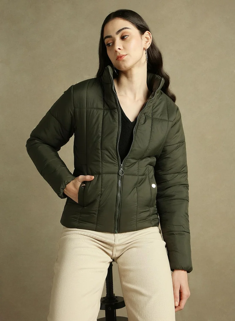 Dennis Lingo Women's Olive 100% Polyester Solid Regular Fit Jacket