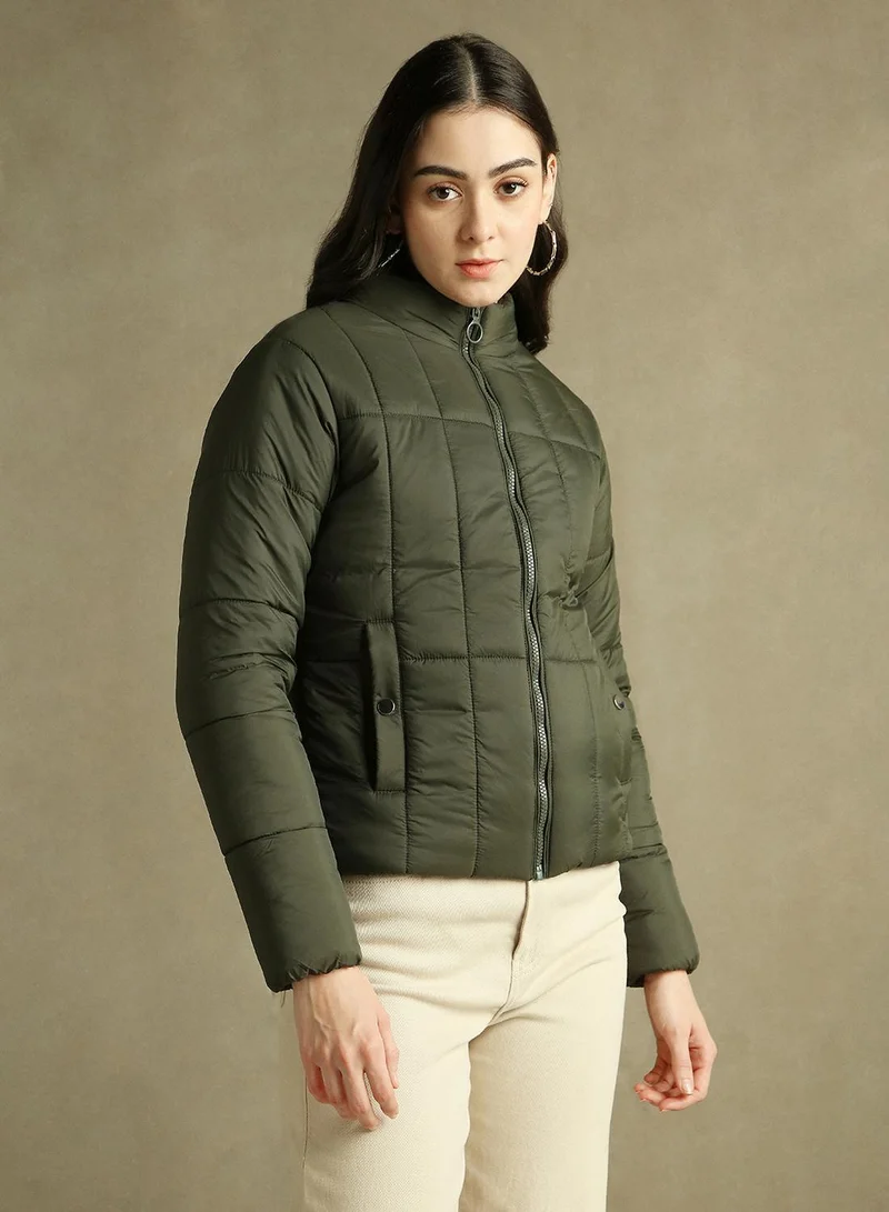Dennis Lingo Women's Olive 100% Polyester Solid Regular Fit Jacket