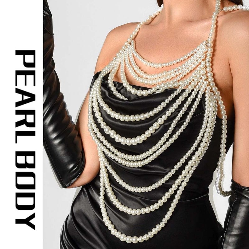 CanB Pearl Body Chain Shoulder Necklace Pearl Top Bikini Sexy Bra ChainPearls Shoulder Chains Bra Chain Jewelry for Women Rave Nightclub Party Body Accessories (B) - Image 2