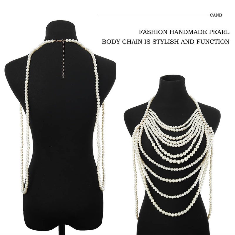 CanB Pearl Body Chain Shoulder Necklace Pearl Top Bikini Sexy Bra ChainPearls Shoulder Chains Bra Chain Jewelry for Women Rave Nightclub Party Body Accessories (B) - Image 5