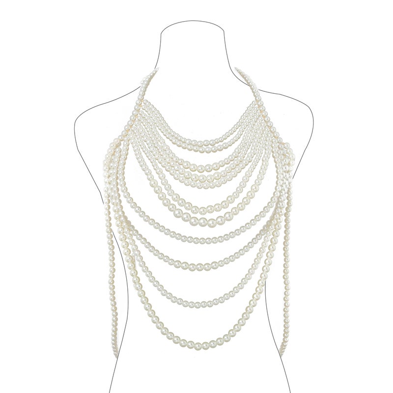 CanB Pearl Body Chain Shoulder Necklace Pearl Top Bikini Sexy Bra ChainPearls Shoulder Chains Bra Chain Jewelry for Women Rave Nightclub Party Body Accessories (B) - Image 1