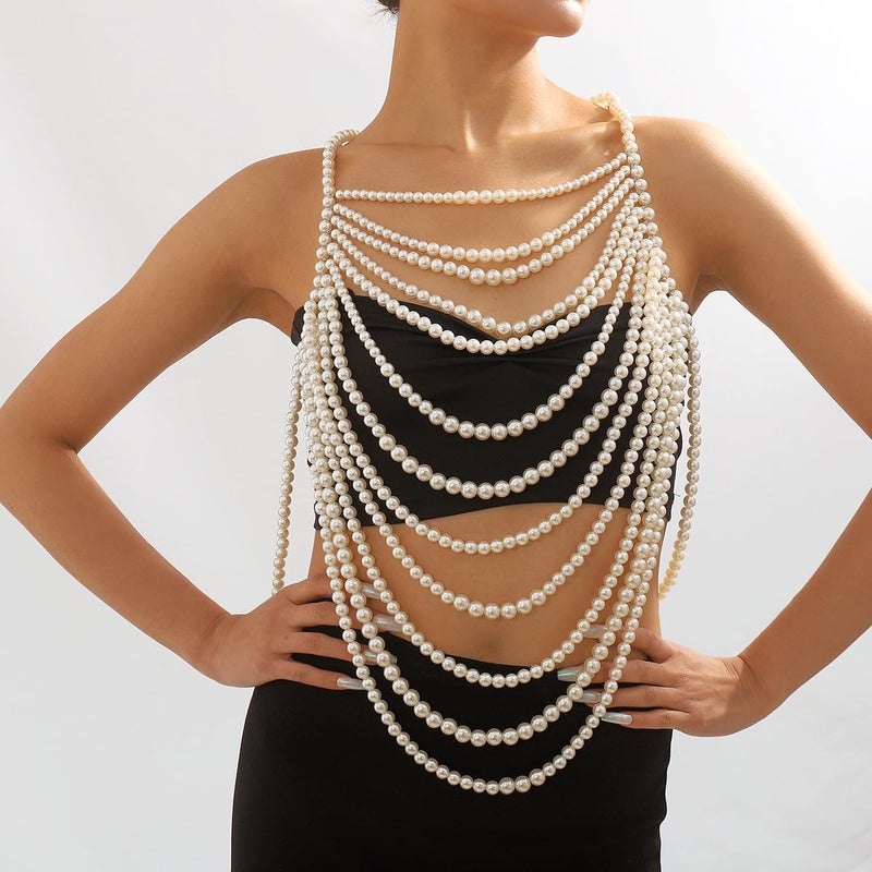 CanB Pearl Body Chain Shoulder Necklace Pearl Top Bikini Sexy Bra ChainPearls Shoulder Chains Bra Chain Jewelry for Women Rave Nightclub Party Body Accessories (B) - Image 4