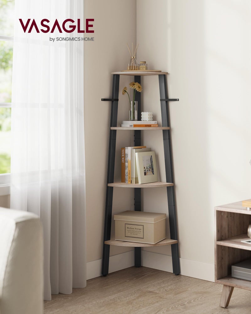 VASAGLE Corner Shelf Stand, 4-Tier Corner Bookshelf, Industrial Ladder Shelf, Plant Stand for Living Room, Office, Kitchen, Greige and Black ULLS034M01 - Image 2