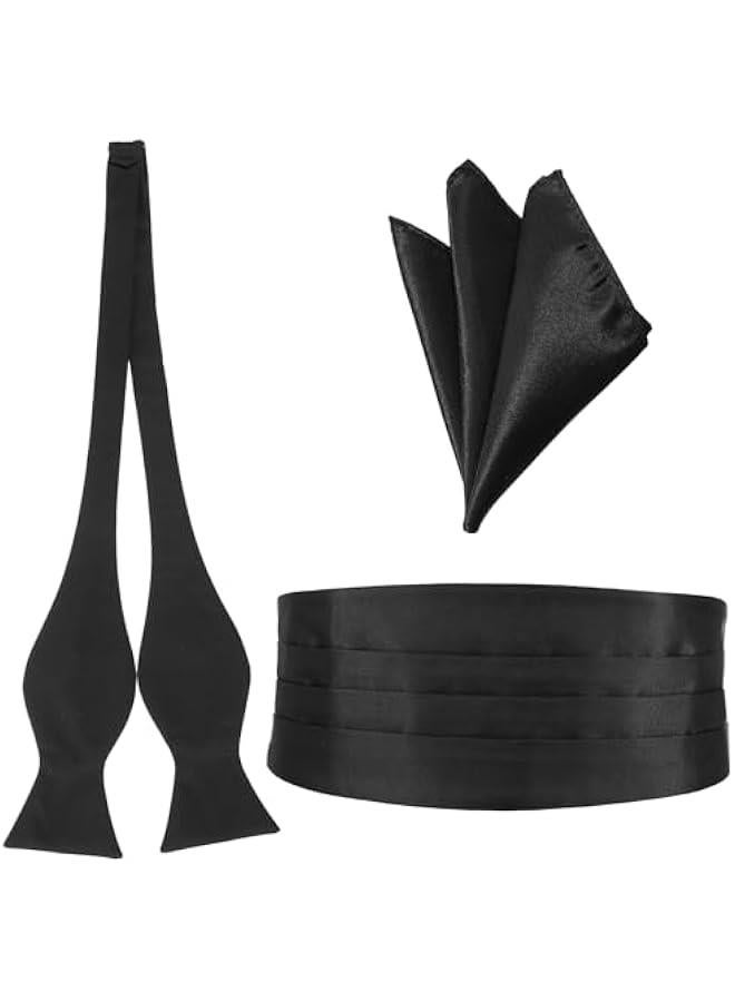 Arabest Men‘s Cumberbund and Bow Tie Set, Adjustable Satin Cummerbund Black with Pocket Squares Bow Ties for Men, Solid Color Elegant Tuxedo 3-Pieces Set for Formal Events - Image 1