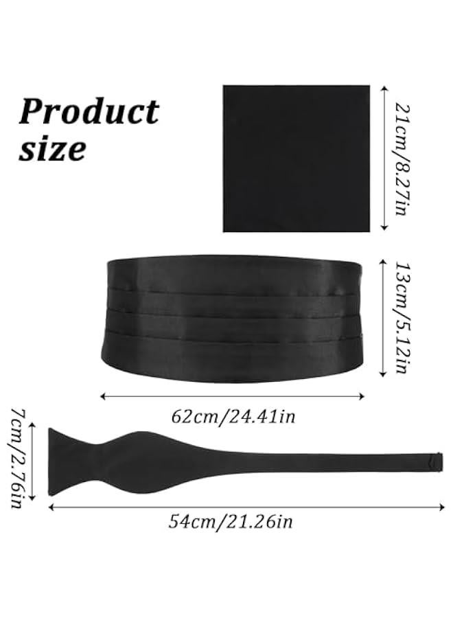 Arabest Men‘s Cumberbund and Bow Tie Set, Adjustable Satin Cummerbund Black with Pocket Squares Bow Ties for Men, Solid Color Elegant Tuxedo 3-Pieces Set for Formal Events - Image 2