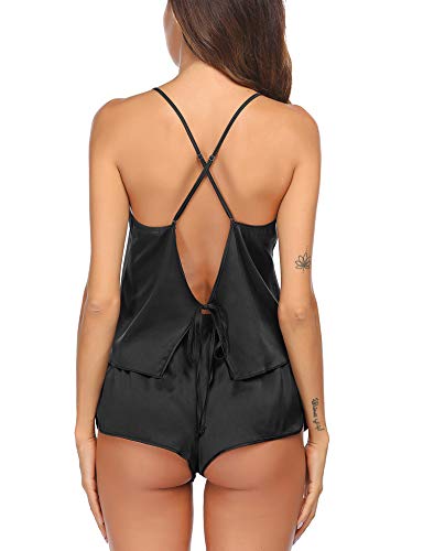 Ekouaer Silk Pajamas Set for Women Satin Backless Lingerie Pjs Cami Top and Shorts Nightwear Black - Image 5