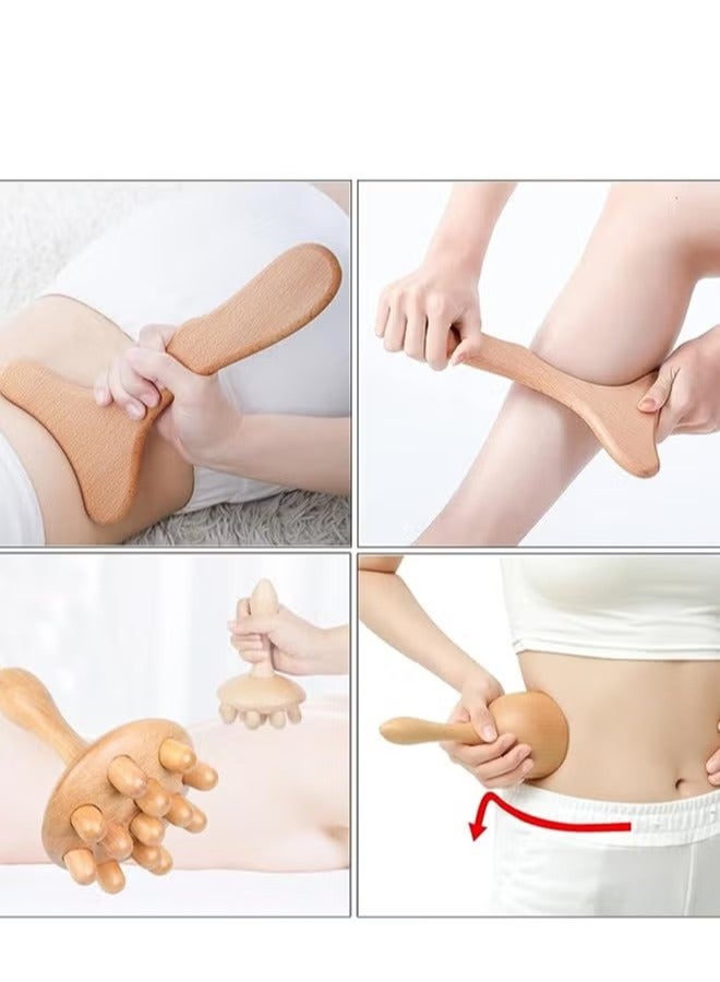 هاي هونور 5 في 1 أدوات تدليك خشبية للعلاج بالخشب مجموعة أدوات تدليك خشبية احترافية لنحت الجسم للتصريف اللمفاوي ومكافحة السيلوليت، مدلك خشبي بأسطوانة Rpoe لتخفيف آلام الظهر والعضلات - Image 4