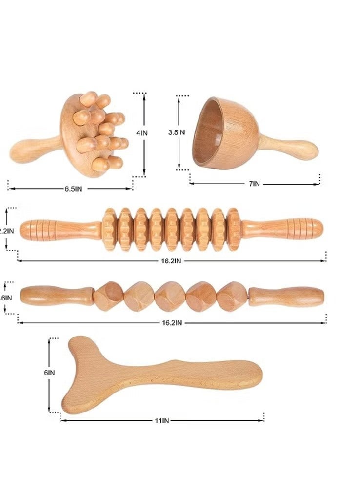 هاي هونور 5 في 1 أدوات تدليك خشبية للعلاج بالخشب مجموعة أدوات تدليك خشبية احترافية لنحت الجسم للتصريف اللمفاوي ومكافحة السيلوليت، مدلك خشبي بأسطوانة Rpoe لتخفيف آلام الظهر والعضلات - Image 5