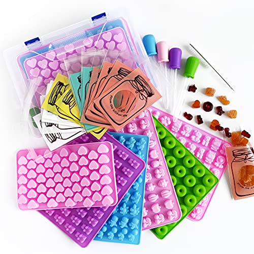 HKNMTT Gummy Bear Molds Silicone 32PCS, Non-stick Chocolate Candy Mold 18 Shapes for 327 Candies, With 4 Droppers, Clean Brush, Storage Box, 20 Wrappers, Including Dinosaur Mini Donut Fruit Animals Shaped - Image 1