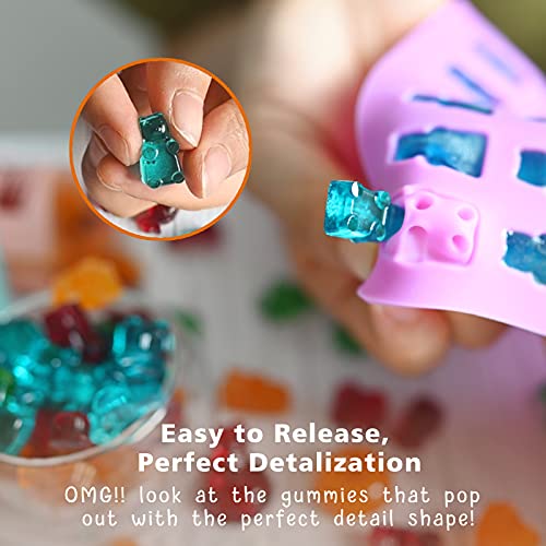 HKNMTT Gummy Bear Molds Silicone 32PCS, Non-stick Chocolate Candy Mold 18 Shapes for 327 Candies, With 4 Droppers, Clean Brush, Storage Box, 20 Wrappers, Including Dinosaur Mini Donut Fruit Animals Shaped - Image 4