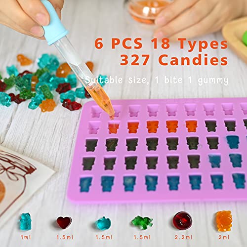 HKNMTT Gummy Bear Molds Silicone 32PCS, Non-stick Chocolate Candy Mold 18 Shapes for 327 Candies, With 4 Droppers, Clean Brush, Storage Box, 20 Wrappers, Including Dinosaur Mini Donut Fruit Animals Shaped - Image 2