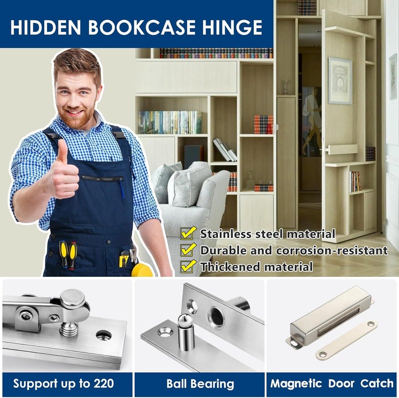 HBL Heavy Duty Pivot Hinge Set with Magnetic Door Catch for Wood Door, ' Hidden Door Hinge for Secret Door, Swing Door, with 360 Degree Rotation, Invisible Pivot Door Hardware for Bookshelf. - Image 2
